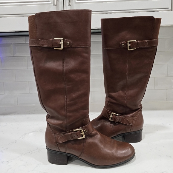 Bandolino Coppa Brown Leather Side Zip Knee Harness Riding Boots Women's Size 8M - Picture 4 of 16